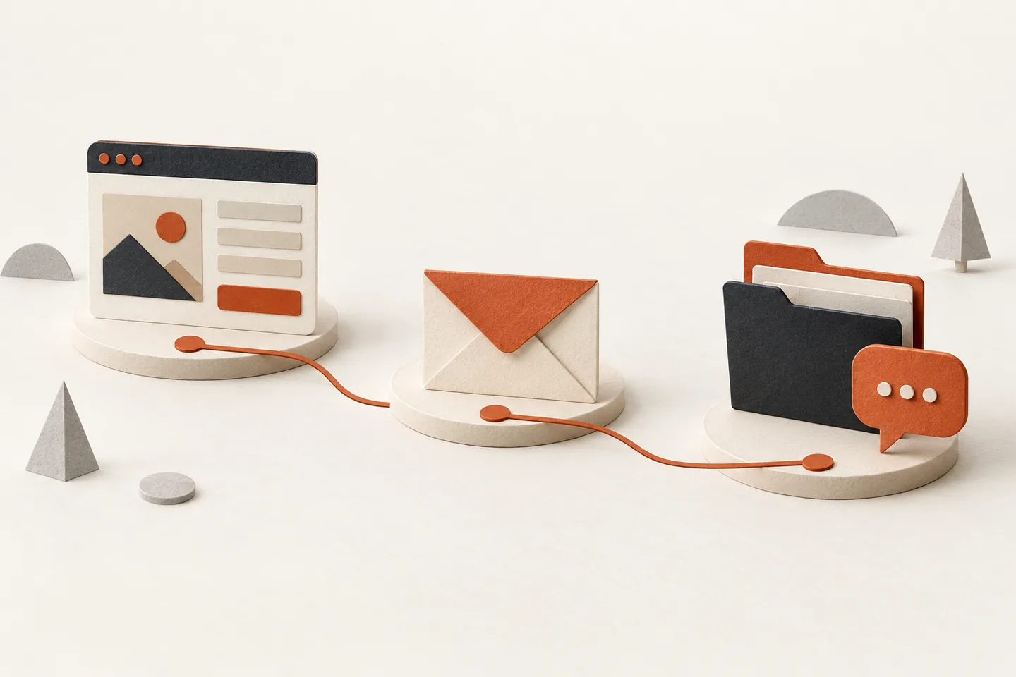 Illustration: Website, Anfrage und Bewertung als getrennte Stationen einer Auswertung