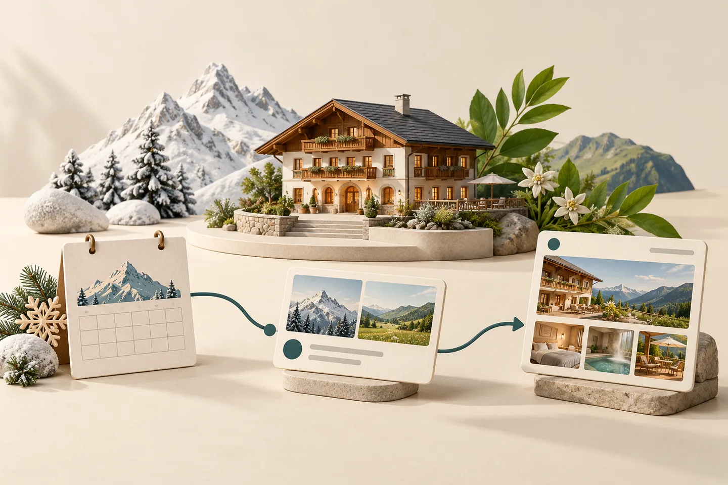 Illustration: Saisonkalender, Hotelanzeige und passende Angebotsseite für einen Aufenthalt