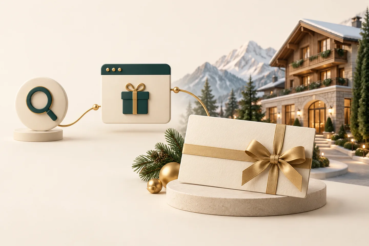Illustration: Suchsymbol, Gutscheinseite und Geschenk verbinden einen Hotelgutschein mit dem Haus