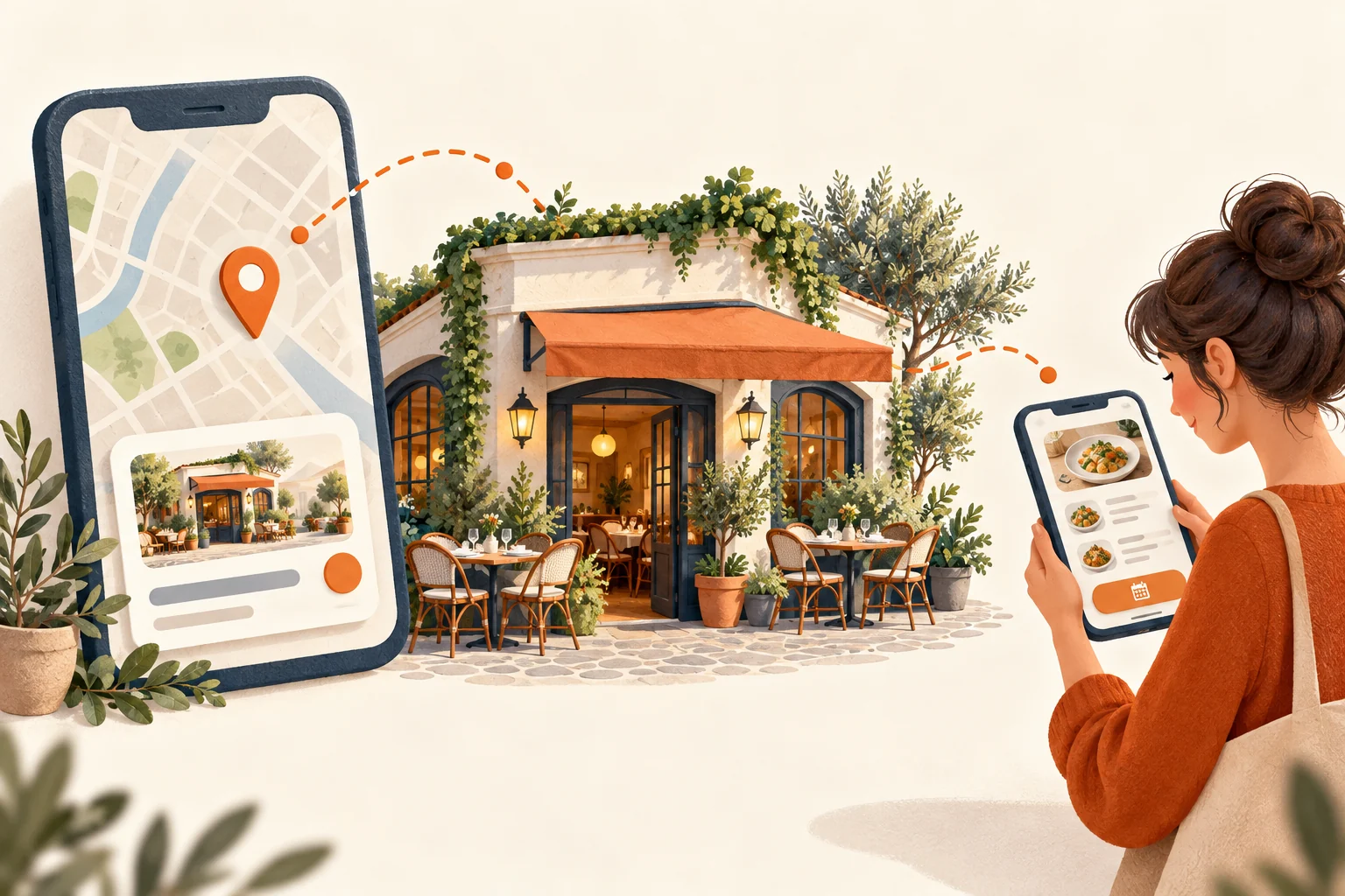 Illustration zur lokalen Restaurantsuche mit Standort, Speisekarte und Weg zur Reservierung